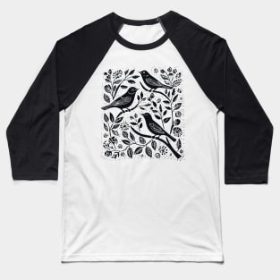 Lino Cut Birds Baseball T-Shirt